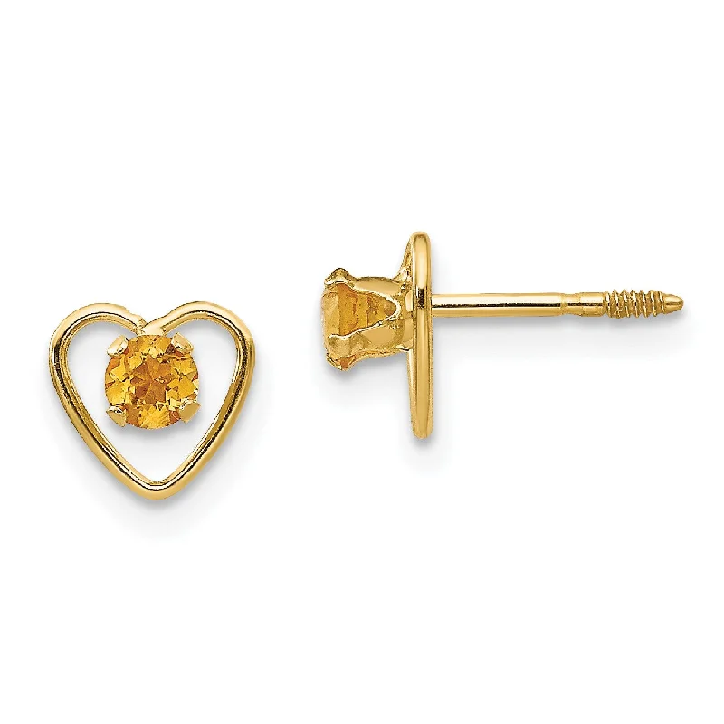 14KT Yellow Gold 3MM Round Citrine 6MM Heart Childrens Birthstone Earrings