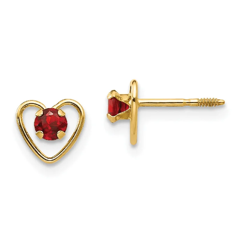 14KT Yellow Gold 3MM Round Garnet 6MM Heart Childrens Birthstone Earrings