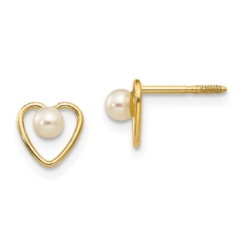 14KT Yellow Gold 3MM Round Pearl 6MM Heart Childrens Birthstone Stud Earrings