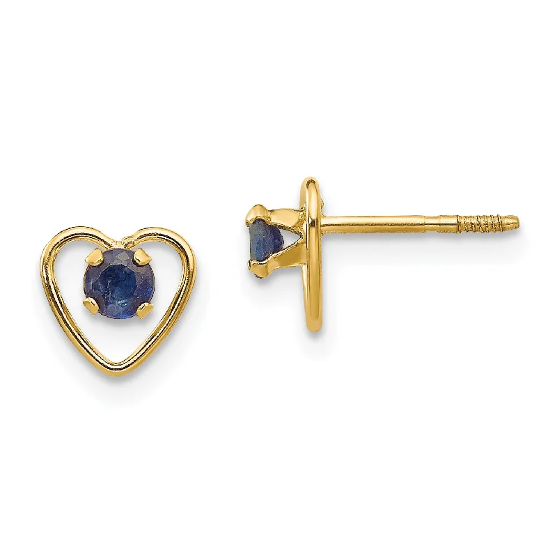 14KT Yellow Gold 3MM Round Sapphire 6MM Heart Childrens Birthstone Earrings