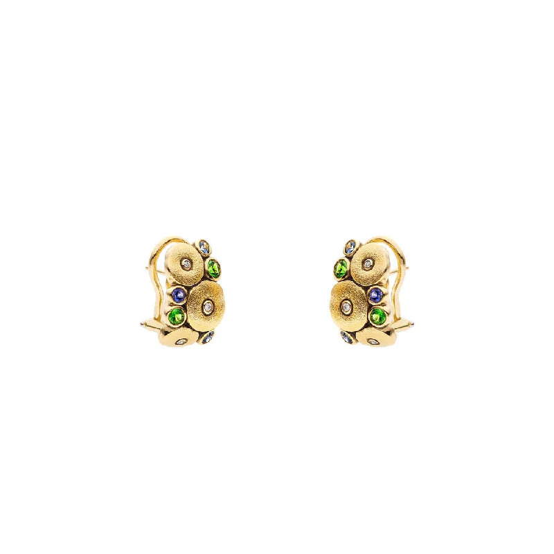 18 Karat Yellow Gold Orchard Huggie earrings with Tsavorites, Blue Sapphires and Diamonds