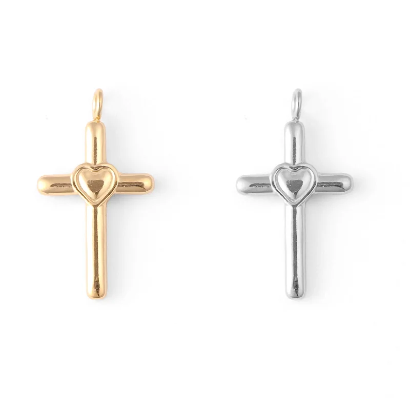 18K Gold PVD Stainless Steel Cross with Heart Charm / PDL0058