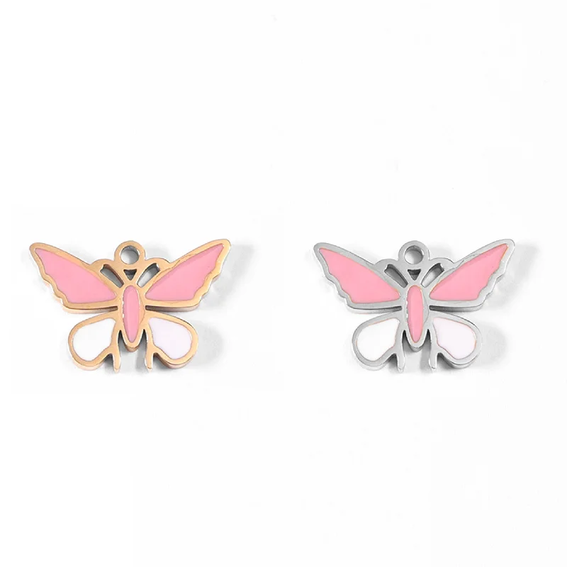 18K Gold PVD Stainless Steel Epoxy Pink and White Butterfly Charm / PDL0030