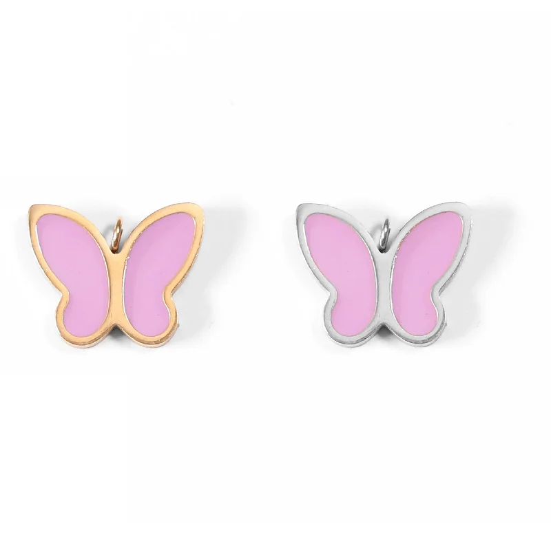 18K Gold PVD Stainless Steel Epoxy Pink Butterfly Charm / PDL0071