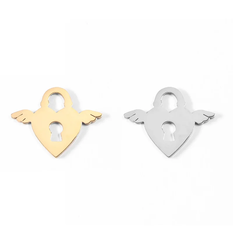 18K Gold PVD Stainless Steel Winged Heart Lock Charm / PDL0087