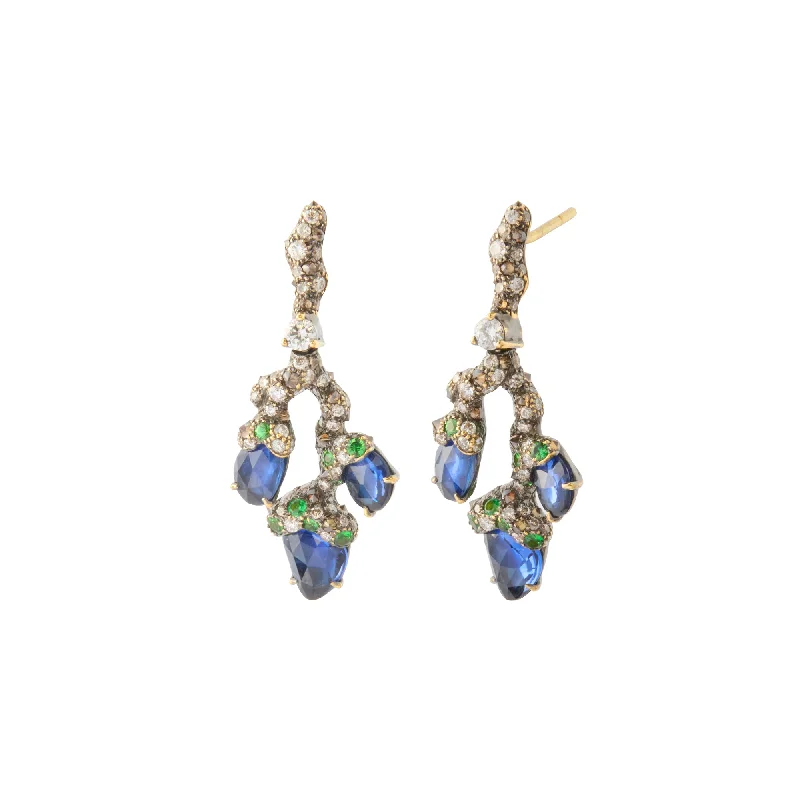 Leaf Earrings - Blue Sapphire, Tsavorite and Diamond