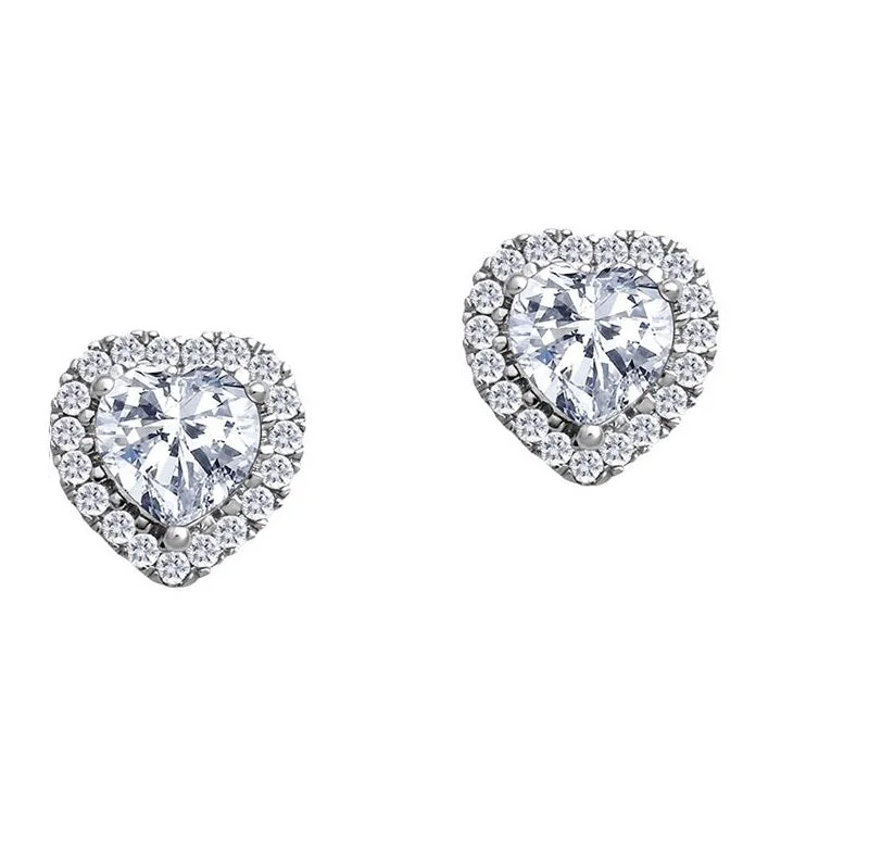 5MM Heart Shape White Topaz and White Sapphire Birthstone Halo Stud Earrings in 10KT White Gold