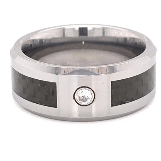 Black Fiber Center With Clear CZ Stone Tungsten Comfort Fit Ring / TGR1013