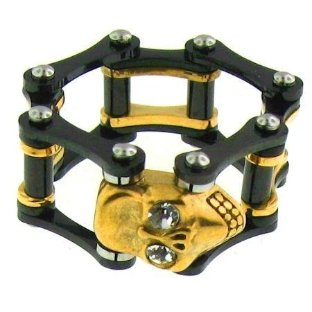 Clear CZ Eyed 18K Gold PVD Coated Skull Black Bike Chain Stainless Steel Ring / SCR3096