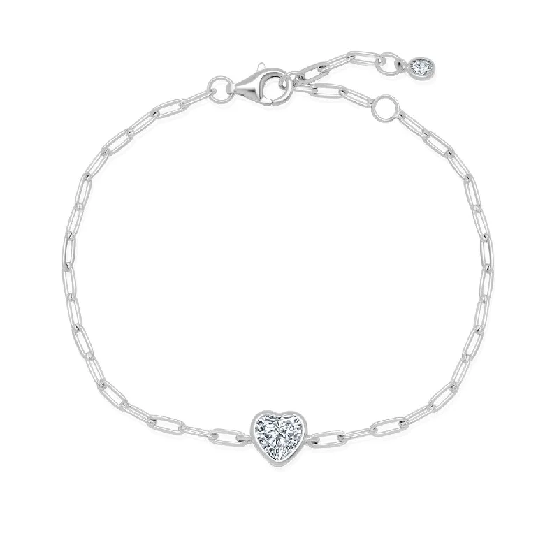 Crislu Platinum Plated Sterling Silver Cubic Zirconia 7.5-inch Heart Paperclip Bracelet