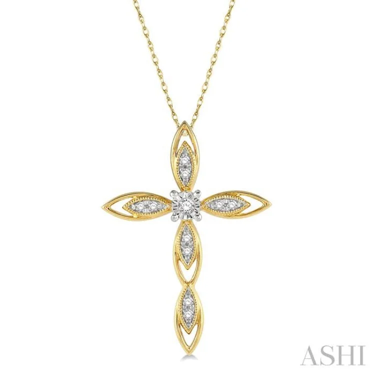 1/10 Ctw Extended Frame Marquise Cross Round Cut Diamond Pendant With Chain in 10K Yellow Gold