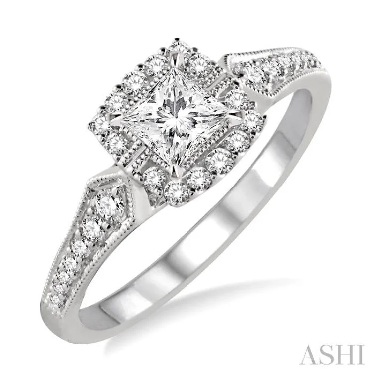 3/8 Ctw Diamond Engagement Ring with 1/5 Ct Princess Cut Center Stone in 14K White Gold