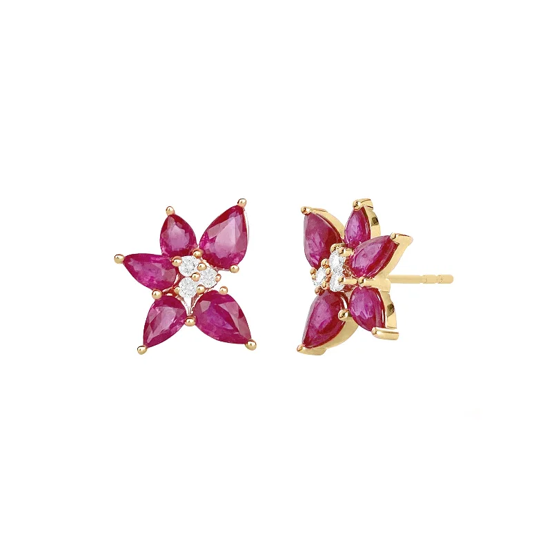 Trio Cluster Ruby Stud Earrings - Yellow Gold