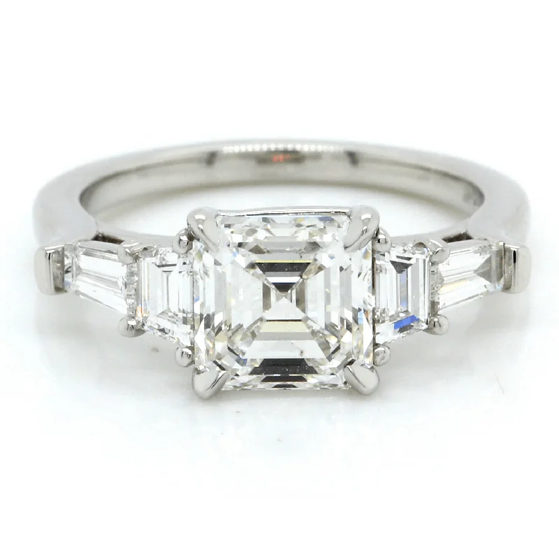 Platinum Asscher Diamond with Side Traps and Baguettes Engagement Ring