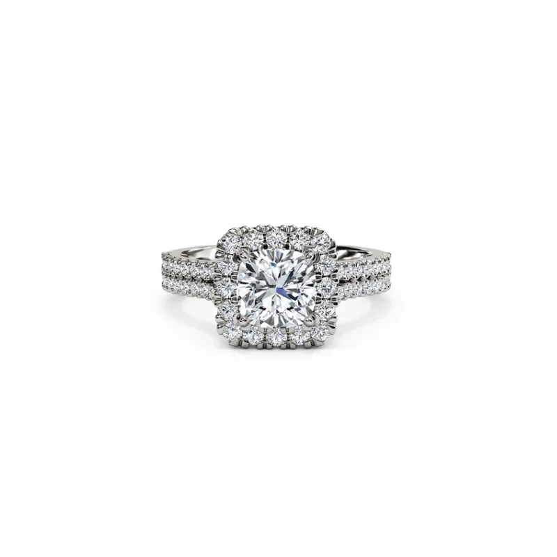 Fink's Exclusive Platinum Cushion Cut Diamond with Diamond Halo and Two-Row Shank Engagement Ring