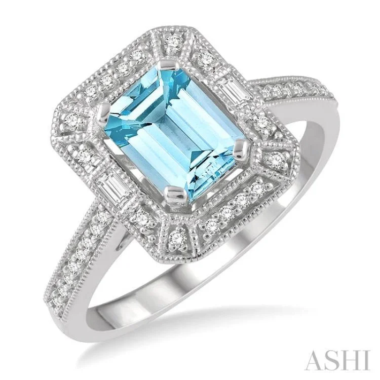 1/5 Ctw Octagonal Shape 7x5MM Aquamarine, Baguette and Round Cut Diamond Precious Ring in 14K White Gold