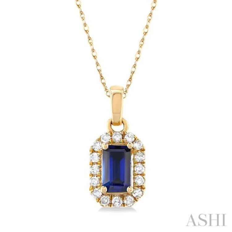 1/20 ctw Round Cut Diamond and 5X3MM Octagonal Shape Sapphire Halo Precious Pendant with Chain in 14K Yellow Gold