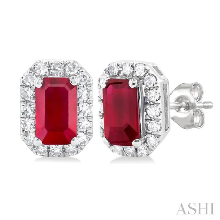 1/8 ctw Round Cut Diamond and 5X3MM Octagonal Shape Ruby Halo Precious Stud Earrings in 14K White Gold