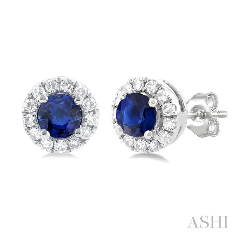 1/10 ctw Round Cut Diamond and 3.25MM Round Cut Sapphire Halo Precious Stud Earrings in 14K White Gold