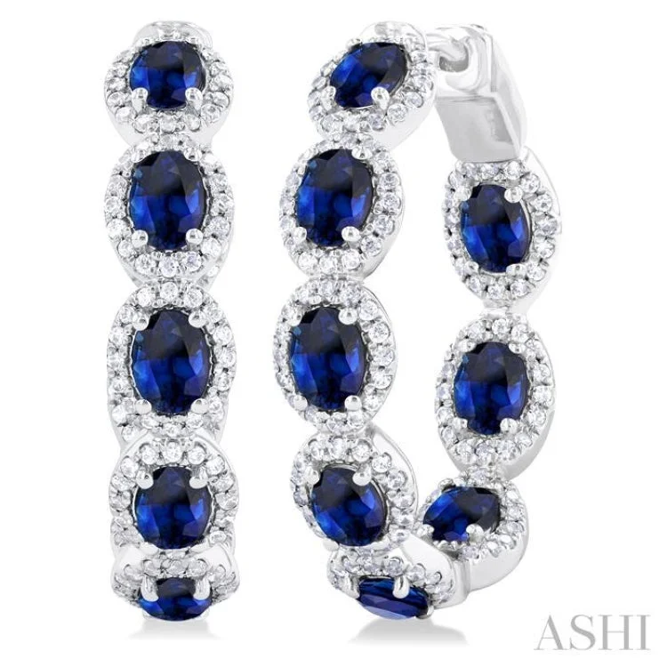 3/4 ctw Interior & Exterior 4X3 MM Oval Shape Sapphire and Round Cut Diamond Halo Precious Hoop Earring in 14K White Gold