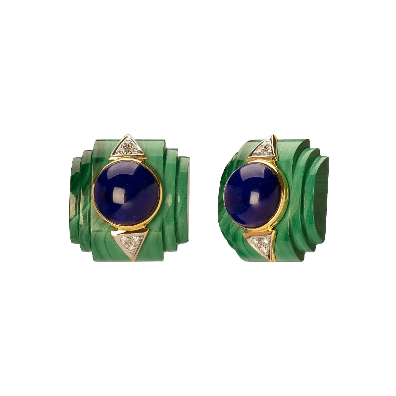 Vintage Lapis & Malachite Deco Earrings