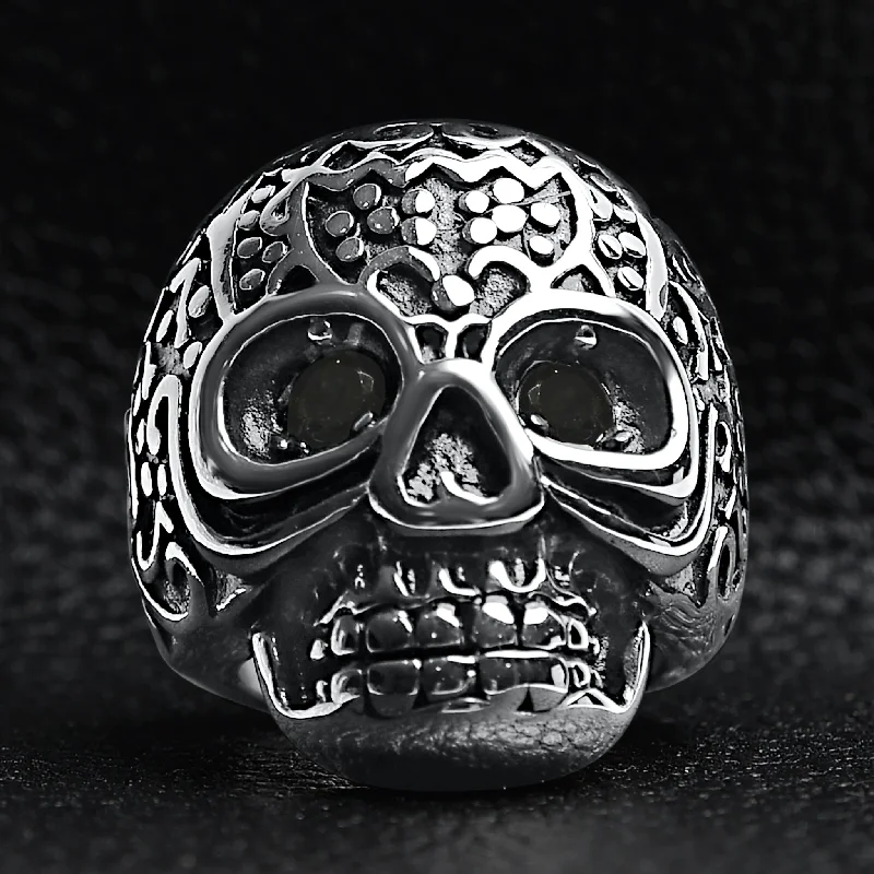 Large Detailed Skull Black CZ Eyed Stainless Steel Ring / SCR4002