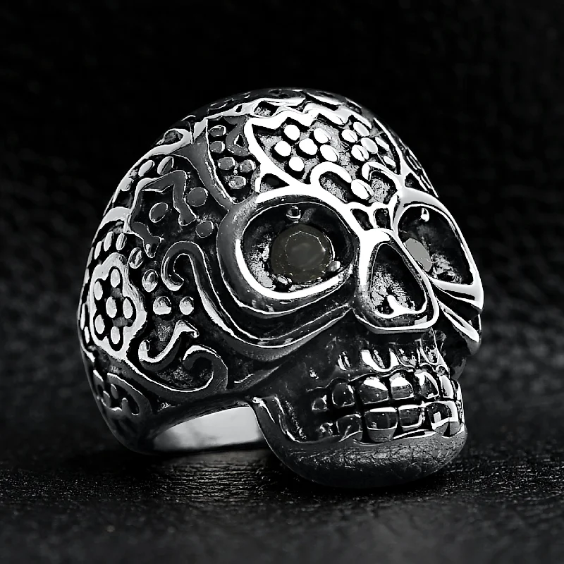 Large Detailed Skull Black CZ Eyed Stainless Steel Ring / SCR4002