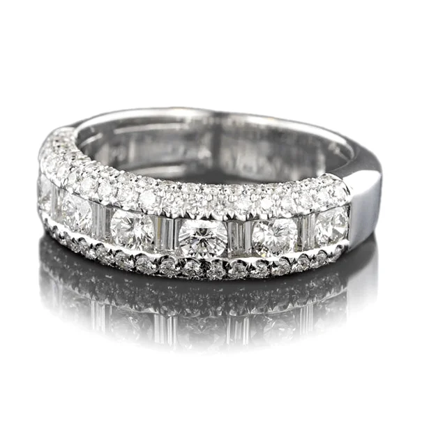 14K White Gold Round and Baguette Diamond Band