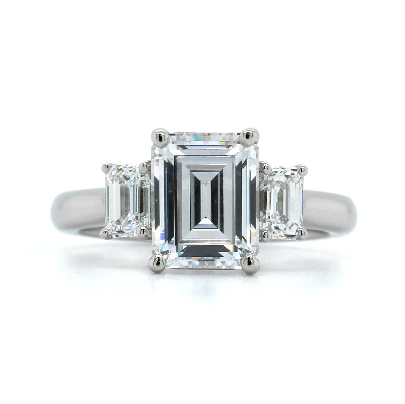 Platinum 3 Stone Emerald Cut Center Diamond Engagement Ring Setting