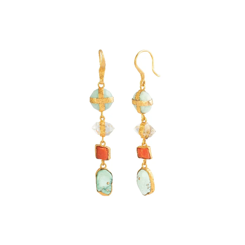 Aquamarine, Herkimer Diamond, Coral, and Turquoise 4 Drop Earrings