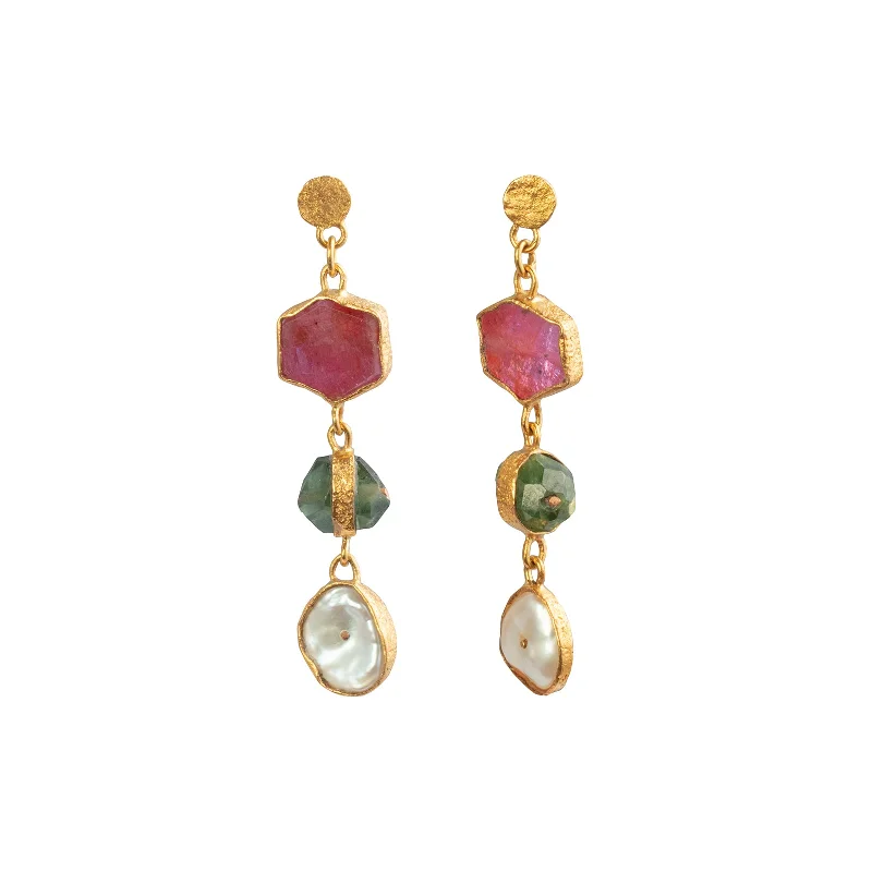 Burmese Ruby, Sapphire, and Pearl Keshi 3 Drop Earrings