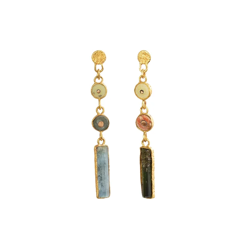 Pre-Colombian Chimu Bead, Coral, and Tourmaline 3 Drop Earrings