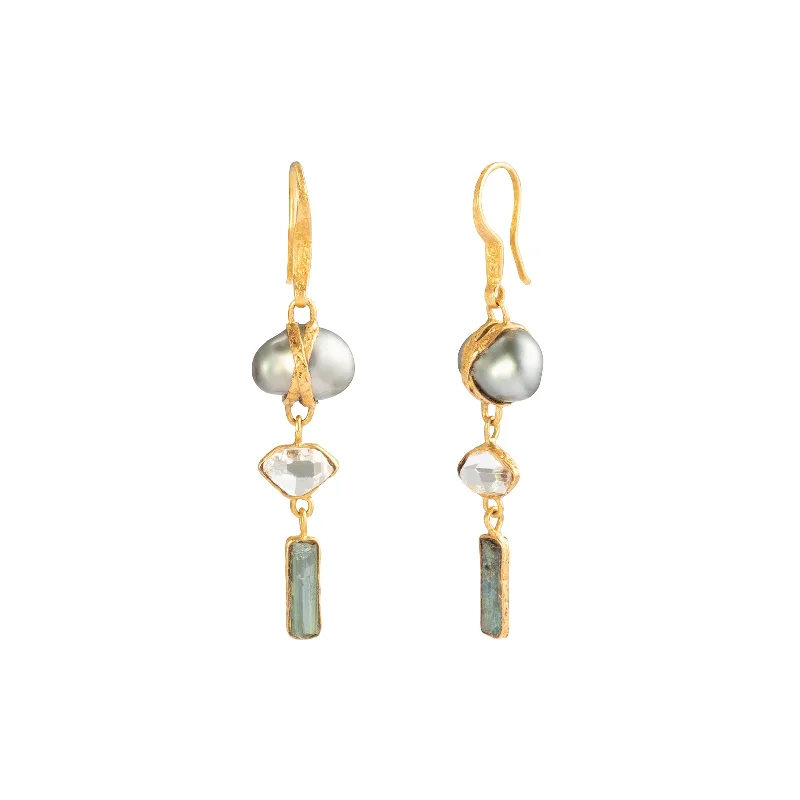 Tahitian Pearl, Herkimer Diamond, and Tourmaline 3 Drop Earrings