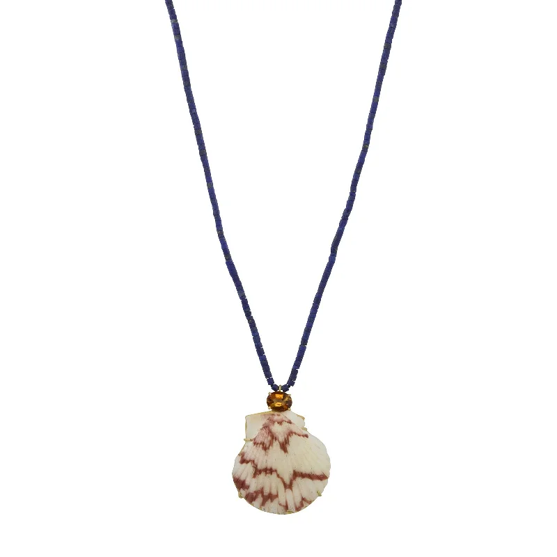 Orange Tourmaline and Shell Necklace with Lapis Beads