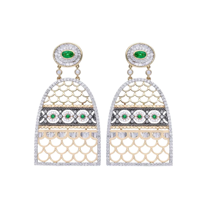 Round Emerald and Pearl Drop Jodhpur Earrings