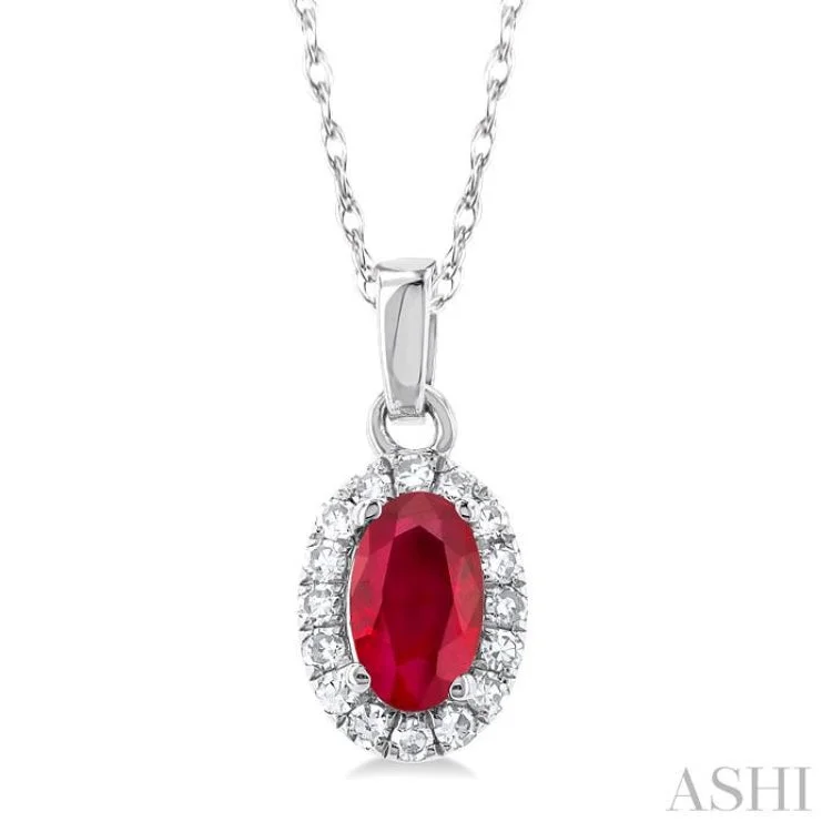 1/20 ctw Round Cut Diamond and 5X3MM Oval Shape Ruby Halo Precious Pendant with Chain in 14K White Gold