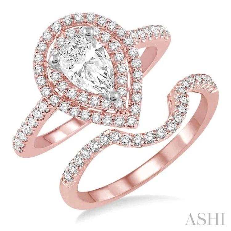 1 1/5 Ctw Diamond Wedding Set in 14K With 1 Ctw Pear Shape Engagement Ring in Rose and White Gold and 1/5 Ctw U-Cut Center Wedding Band in Rose Gold