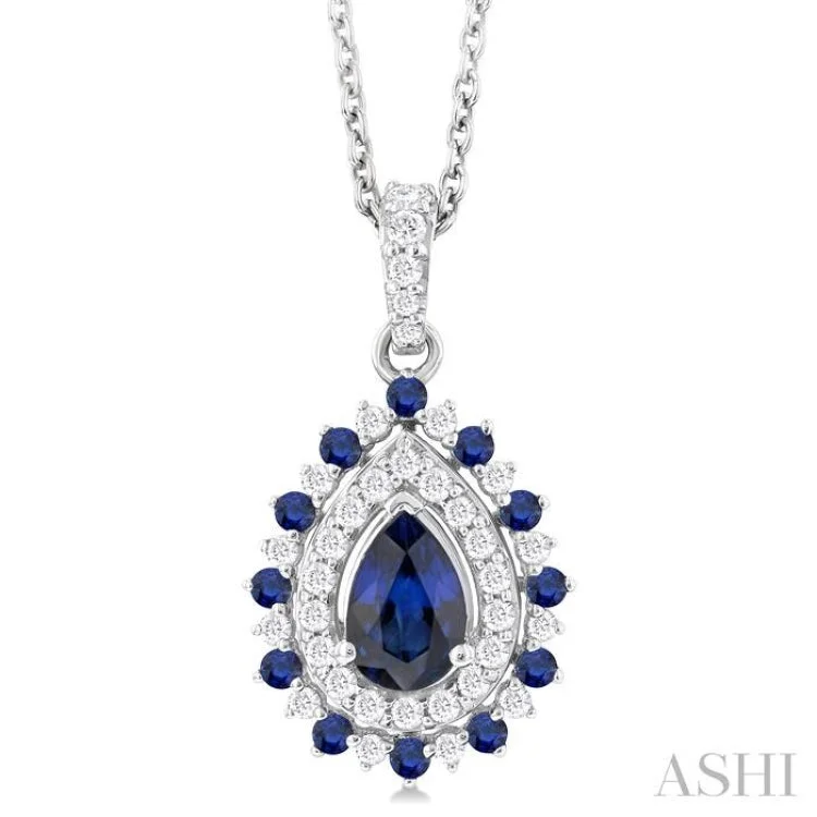 1/4 ctw Floral 6X4MM Oval & 1.55MM Round Cut Sapphire and Round Cut Diamond Precious Pendant With Chain in 14K White Gold