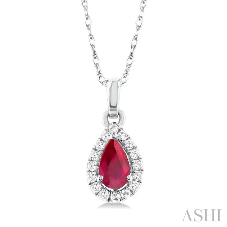 1/20 ctw Round Cut Diamond and 5X3MM Pear Shape Ruby Halo Precious Pendant with Chain in 10K White Gold