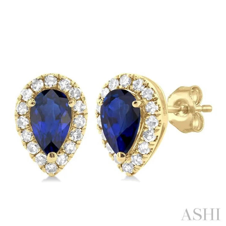 1/8 ctw Round Cut Diamond and 5X3MM Pear Cut Sapphire Halo Precious Stud Earrings in 10K Yellow Gold