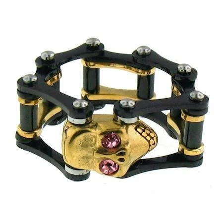 Pink CZ Eyed 18K Gold PVD Coated Skull Black Bike Chain Stainless Steel Ring / SCR3098