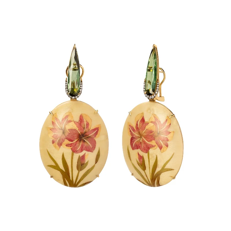 Marquetry Amaryllis Flower Green Tourmaline Earrings