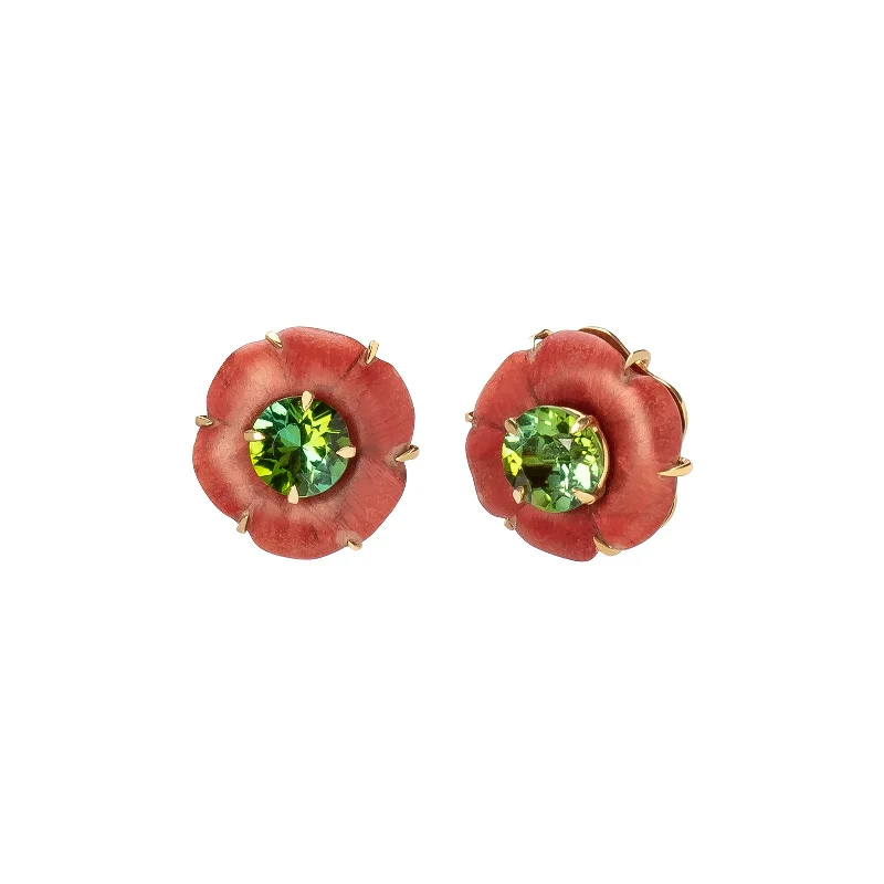 Marquetry Botanical Pink Flower Studs - Green Tourmaline