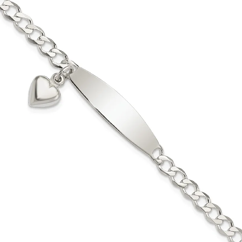 Sterling Silver 7.5-inch 4MM Curb ID Heart Bracelet