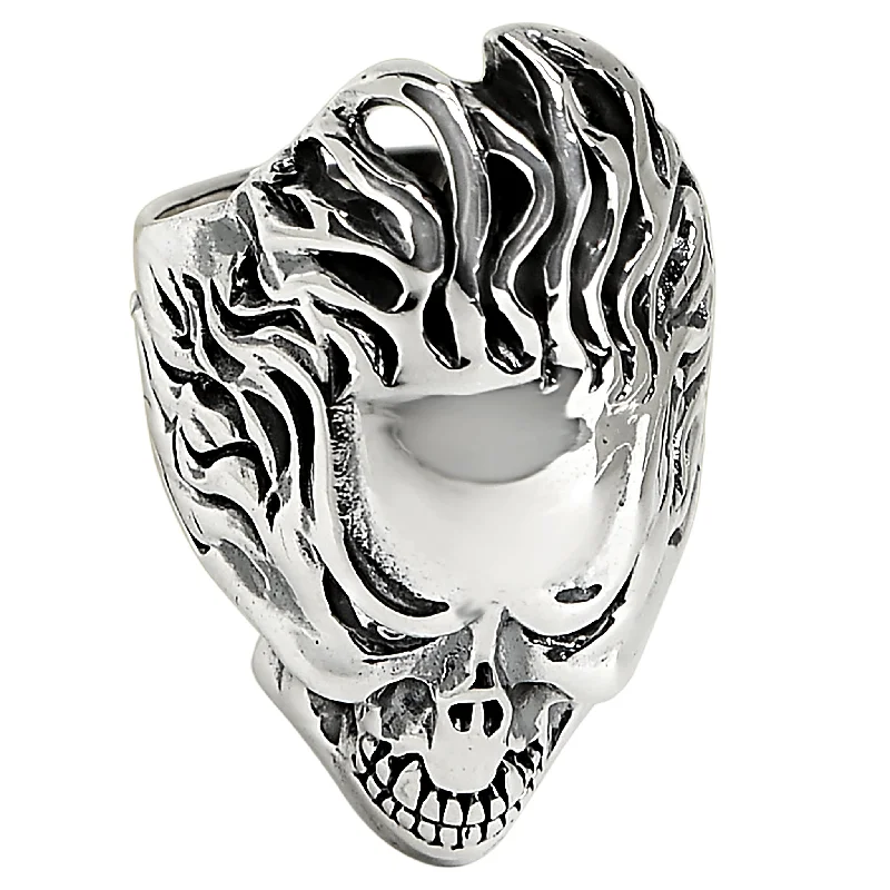 Sterling Silver Skull Flaming Hair Ring / SSR0025