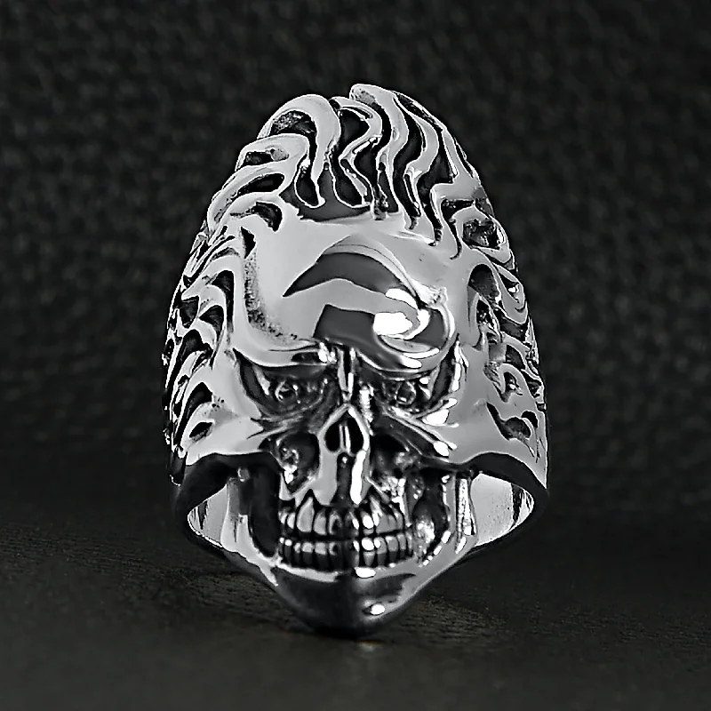 Sterling Silver Skull Flaming Hair Ring / SSR0025