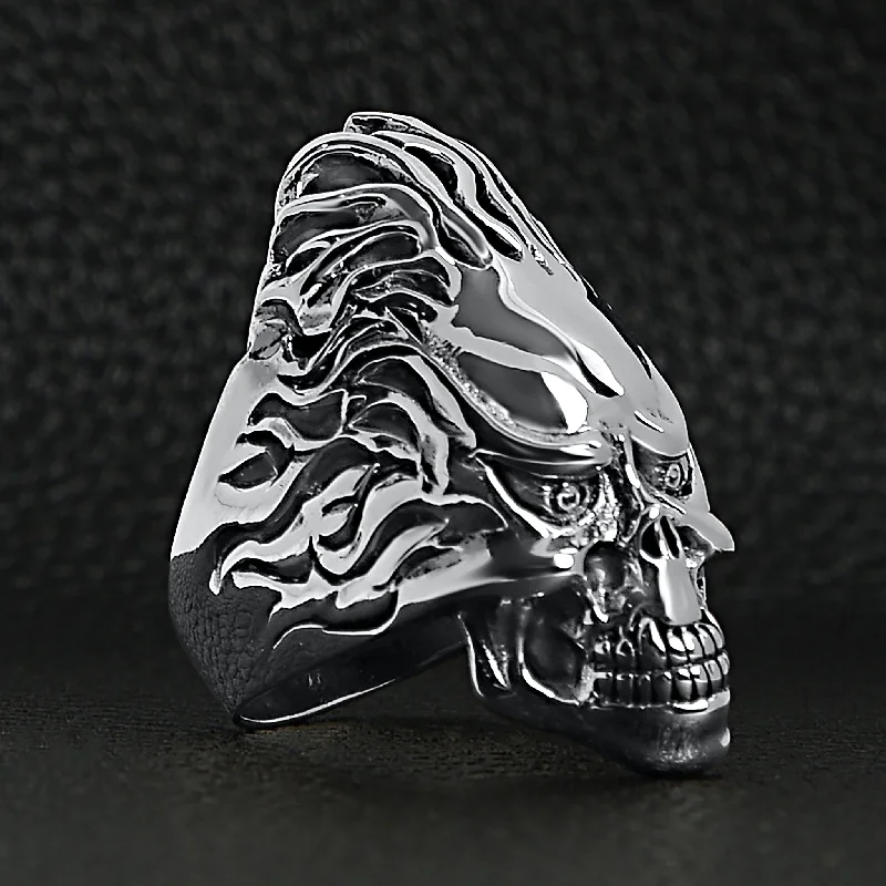 Sterling Silver Skull Flaming Hair Ring / SSR0025