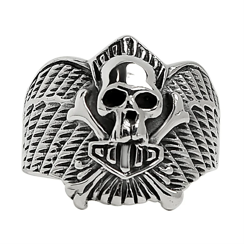 Sterling Silver Winged Skull And Crossbones Shield Ring / SSR0003