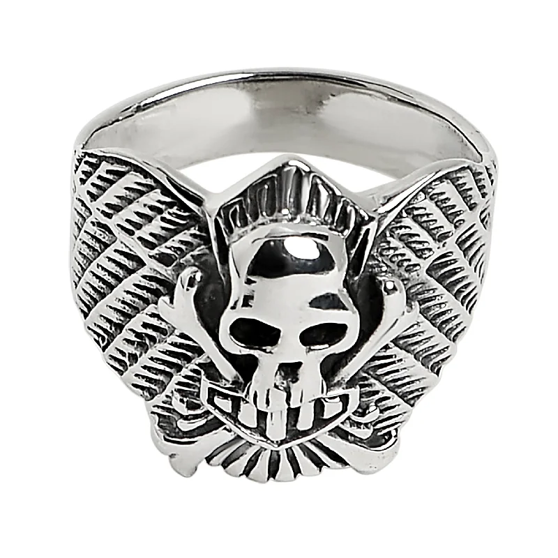 Sterling Silver Winged Skull And Crossbones Shield Ring / SSR0003