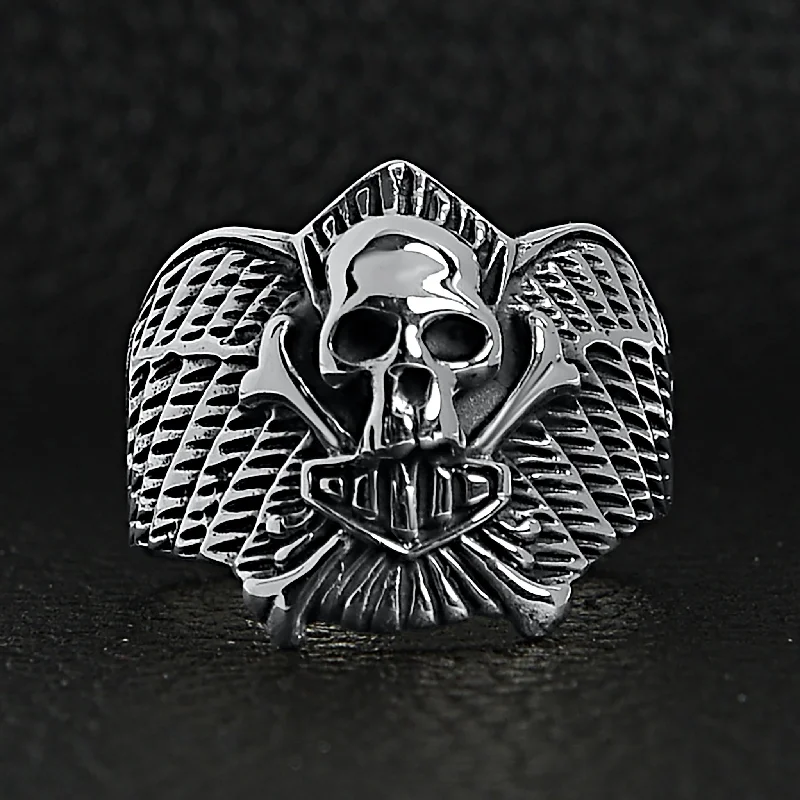 Sterling Silver Winged Skull And Crossbones Shield Ring / SSR0003